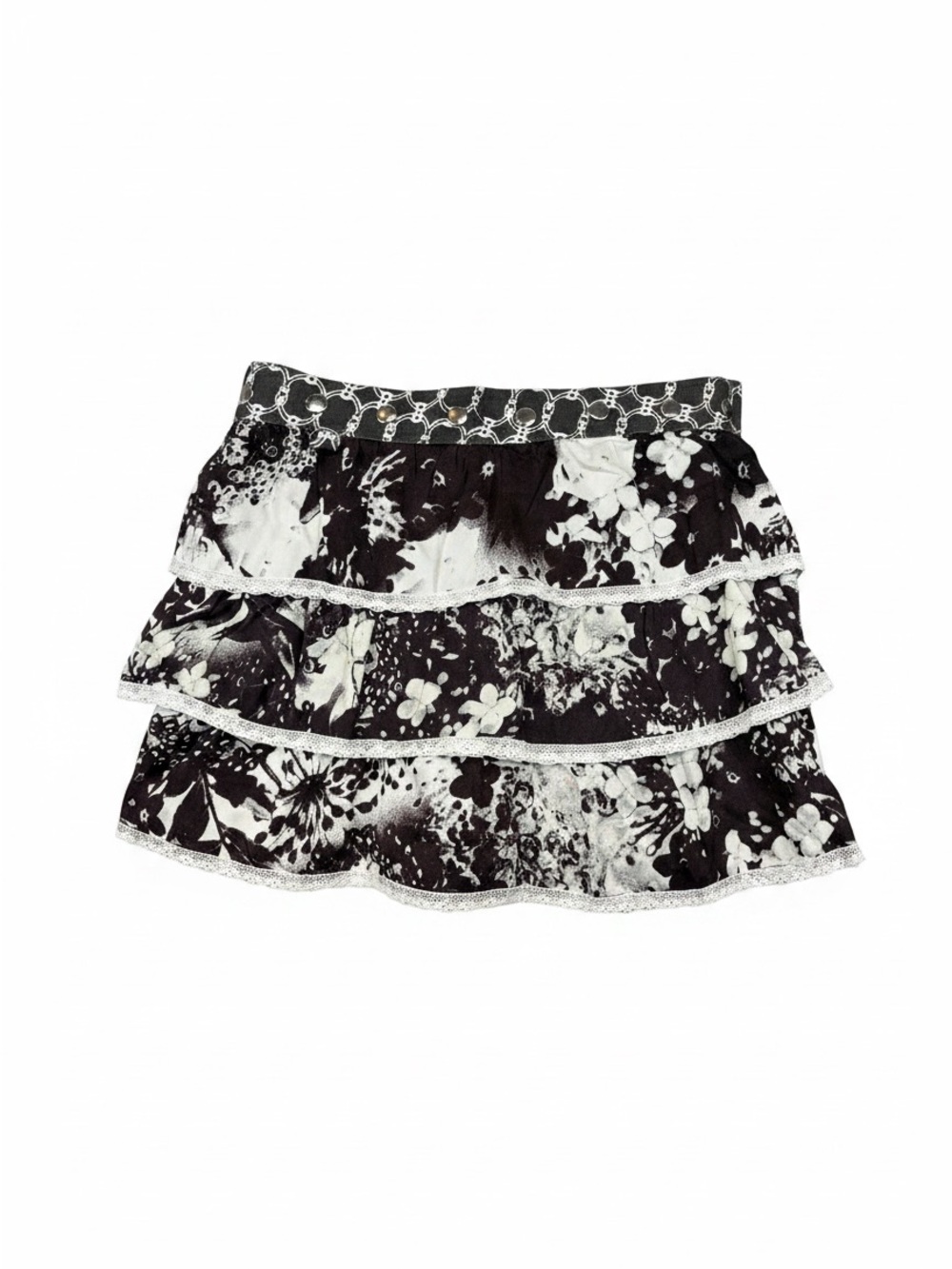 Zand Amsterdam Tiered Skirt Womens 10 Black White Floral Boho Lace Trim